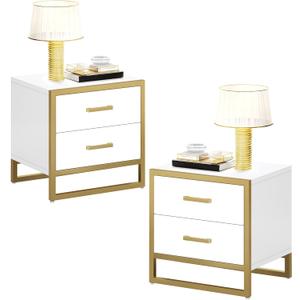 YITAHOME Nightstand with 2 Drawers, Small End Side Table with Storage, Modern Bedside Table with Metal Frame for Small Space, Bedroom, Set of 2, White