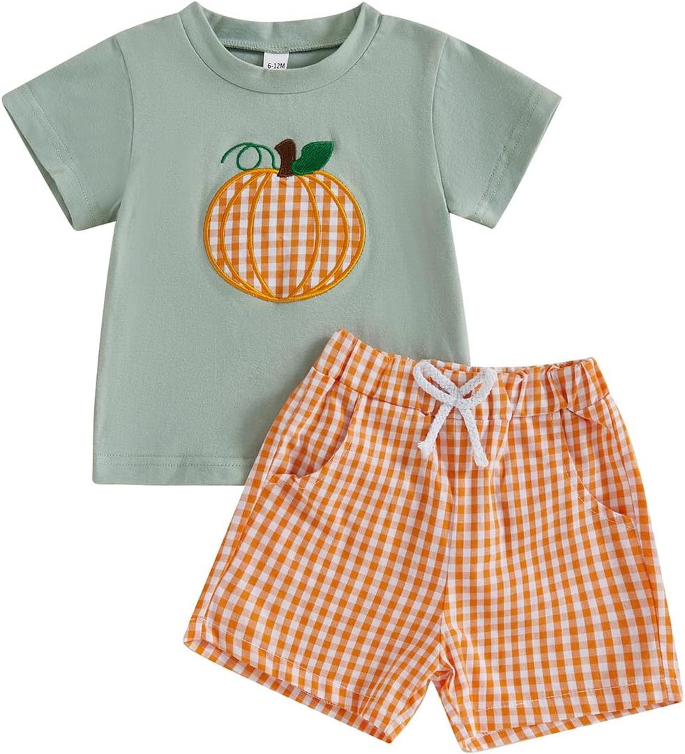 Toddler Boy Halloween Outfit Pumpkin Embroidery Short Sleeve Shirt Plaid Shorts Toddler Boy Halloween Clothes 2T 3T 4T (12-18 Months, Green)