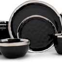 Elanze Designs 16-Piece Metallic Bubble Porcelain Ceramic Plates Bowls Mugs Dinnerware Set - Service for 4, Black With Silver Accents
