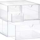 Prsildan Acrylic Drawer Makeup Organizer with 4 Drawers, Set of 2 Office Desk Organizers Accessories, Clear Stackable Storage Drawers for Vanity, Countertop, Craft, Jewelry, Art Supply Organization