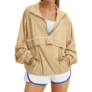 Fisoew Quarter Zip Pullover Women UPF 50+ Lightweight Windbreaker Jacket Running Hiking Outdoor Pullover with Pocket, Large, Khaki