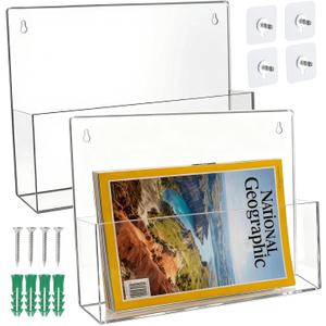 Clear Acrylic Single Pocket Wall Mount File Holders, Self-Adhesive Plastic Document Organizer for Office and Home, Suitable for Legal Size Papers, Brochures, Magazines, and Literature Display, 2 Pack