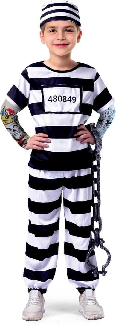 Spooktacular Creations Halloween Prisoner Costume Kids, Jail Costume with Handcuffs for Child Boys Halloween Dress Up Party (M)