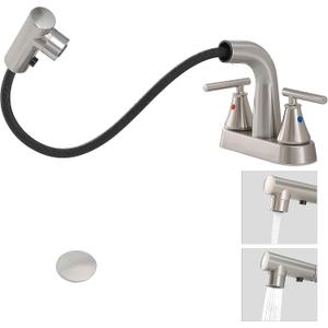 FRANSITON Bathroom Faucets with Pull Out Sprayer, 4 Inch Brushed Nickel Bathroom Faucet 3 Hole, 2 Handle Pull Down Sprayer Bathroom Sink Faucet with 360 Swivel Spout, Metal Pop-Up Drain,