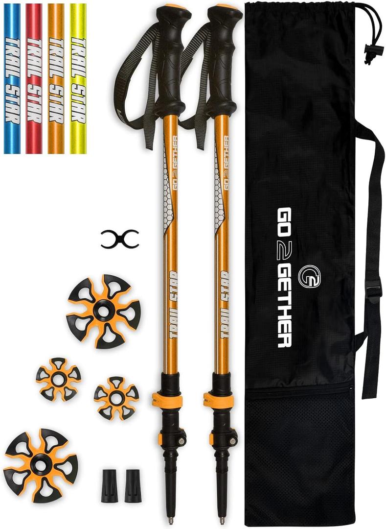 G2 Telescopic Trekking Poles/Aluminum Alloy/Comfort BMM Handle/Foam Padded Wrist Strap/Auto-Adjustable Strap/Quick Flip Lock/Snow Baskets Attached (Pack of 2 Poles), Orange/Blue/Yellow/Red