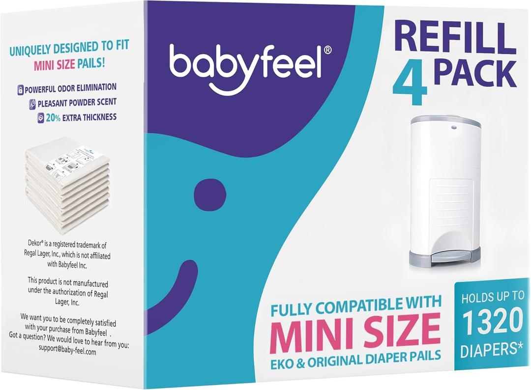 Babyfeel Refills Compatible with DEKOR MINI Diaper Pails | 4 Pack | Exclusive 20% Extra Thickness | Diaper Pail Refills with Powerful Odor Elimination | Powder Scent | Holds up to 1320 Diapers Babyfeel Refills Compatible with DEKOR MINI Diaper Pails | 4 Pack | Exclusive 20% Extra Thickness | Diaper Pail Refills with Powerful Odor Elimination | Powder Scent | Holds up to 1320 Diapers