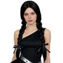 Half and Half Black Braided Costume Wig 19'' Long Black Pigtail Wigs Twin Braids Synthetic Hair for Halloween Party