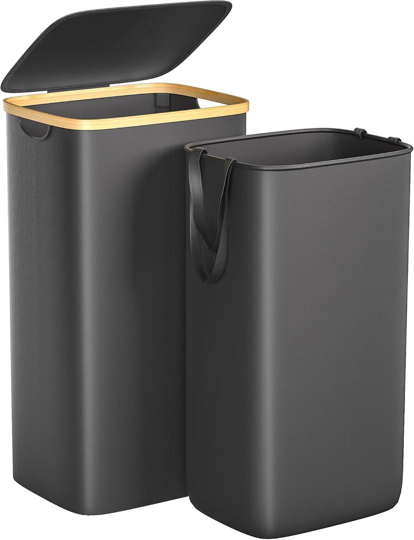 Large Laundry Hamper, 100L Waterproof Laundry Basket with Lid and Removable Bag, Collapsible Tall Clothes Hamper with Bamboo Handles for Clothes Toys in Dorm Bedroom Bathroom, Black