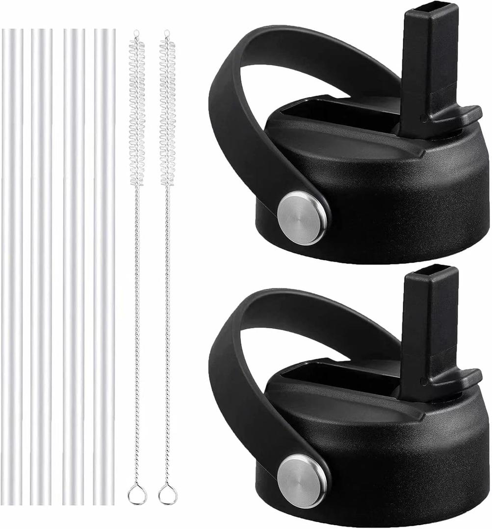 Straw Lid for Hydro Flask Wide Mouth Water Bottles, Top Lids with Straw Compatible with Hydro Flask 32 40 oz, Replacement Cap Wide Mouth Accessories Flip Lid Flex Handle (Black - 2 Pack)