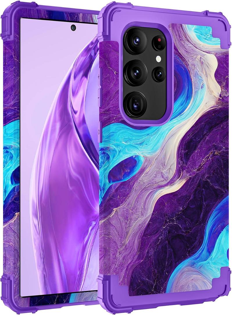 Hocase for Galaxy S24 Ultra Case, Shockproof Heavy Duty Hard Plastic+Soft Silicone Rubber Bumper Hybrid Dual-Layer Protective Case for Samsung Galaxy S24 Ultra 6.8" 2024 - Blue Purple Marble