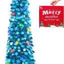 MACTING Pop Up Christmas Tree with Lights 5FT Blue Collapsible Easy-Assembly Coastal Glitter Tinsel Pencil Tree for Porch Apartment Corner Home Holiday Party Indoor Outdoor Xmas Decorations (1PC)