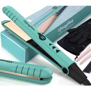 2 in 1 Hair Straightener and Curler-15s Fast Heating Ceramic Flat Iron, LCD Temp Display, Wide Plates for Short/Long Hair, Portable Travel Straightener with Heat-Resistant Glove & Clips,Green