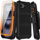 for iPhone 16e Case with Belt Clip Holster,iPhone 17e Case w/Screen Protector X2,Heavy Duty Shockproof Drop Protection Military Grade 2-Layers Rugged Durable Phone Cover for Apple 16e 17e(Black Orange