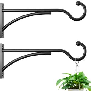 Outdoor Plant Hanging Hooks for Wall: 11 Inch Black Metal Bracket for Hanging Baskets, Bird Feeders, Wind Chimes, Flower Baskets, Yoga Mat, Lanterns. 2 Pack
