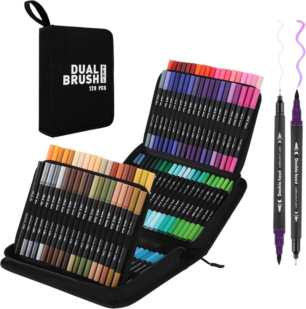 120 Markers for Adult Coloring Books, Dual Tip Art Markers with Fine Tip (0.4mm) and Soft Brush Tip (1-2mm), Perfect for Coloring, Sketching, Drawing, Calligraphy