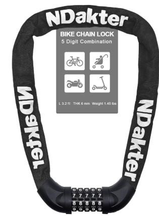 NDakter Bike Chain Lock, 5 Digit Combination Heavy Duty Anti Theft Bicycle Chain Lock, 3.2/ 4.27/ 5Ft Long Security Resettable Bike Locks for Bike, Bicycle, Scooter, Motorcycle, Door, Gate, Fence