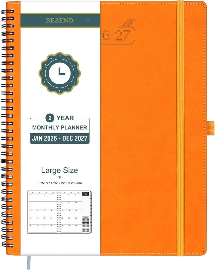 BEZEND Monthly Planner 2026-2027 (Spiral-8.5" x 11") 2 Year Calendar Book with Note Pages - Jan 26 to Dec 27-120 GSM Paper, Inner Pockets, Laminated Tabs, Vegan Leather Softcover - Orange