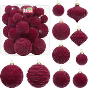 Super Holiday Velvet Christmas Ornaments Set, 35PCS Flocked Shatterproof Assorted Hanging Xmas Tree Ball Decorations, for Home Party Holiday Valentines Day Decor, Burgundy (1.57"-3.14")