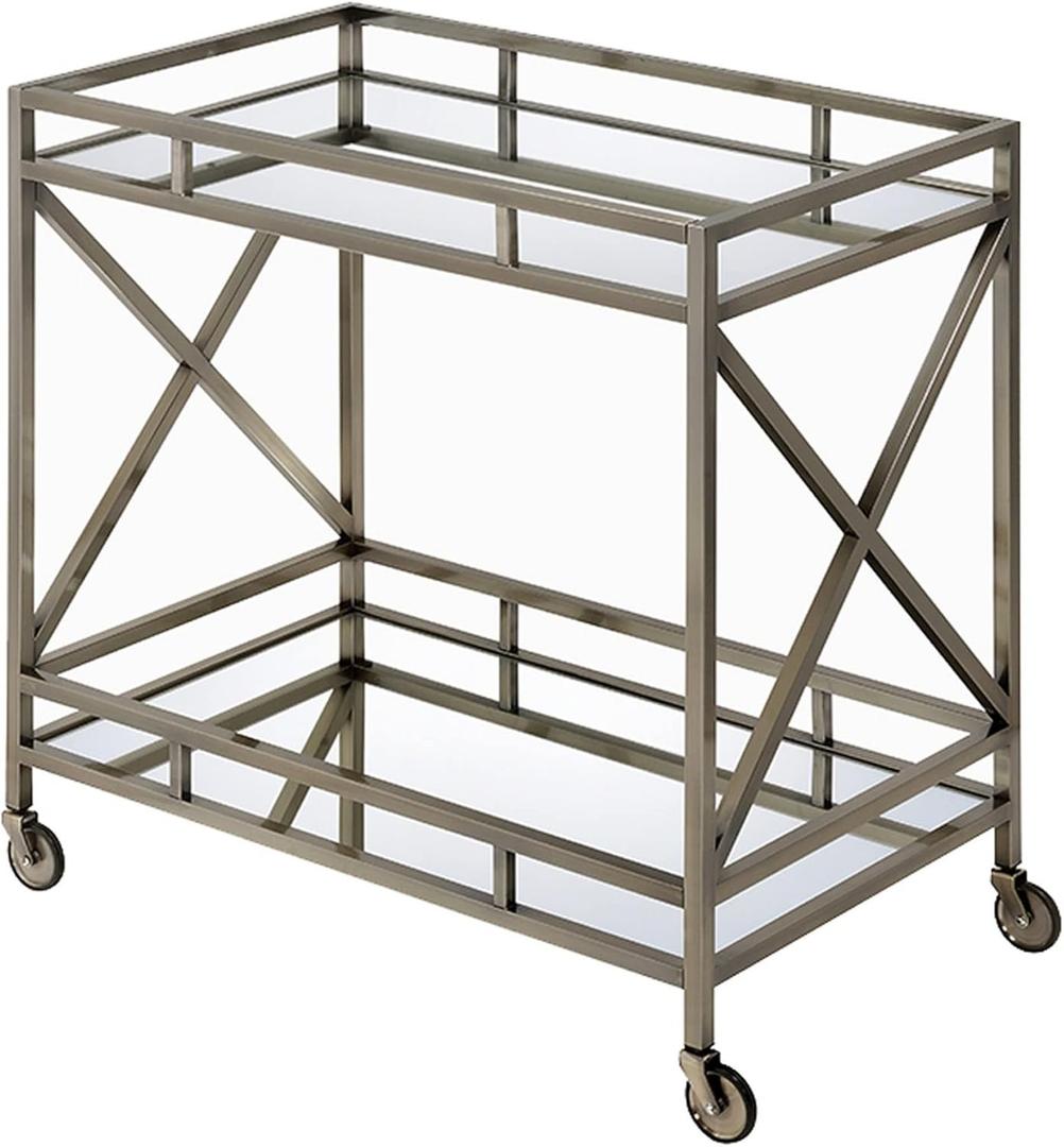 Metal Framed Two Tier Serving Cart with X Shaped Side Panels, Mirrored, Antique Gold