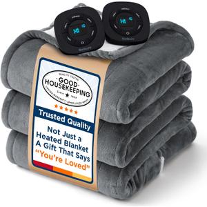 Bedsure GentleSoft Electric Blanket Queen Size  Soft Ribbed Flannel Heated Blanket with Dual Control, Heating with 10 Heat Settings & 10 Time Settings, 8 hrs Timer Auto Shut Off (84"x90", Light Grey)