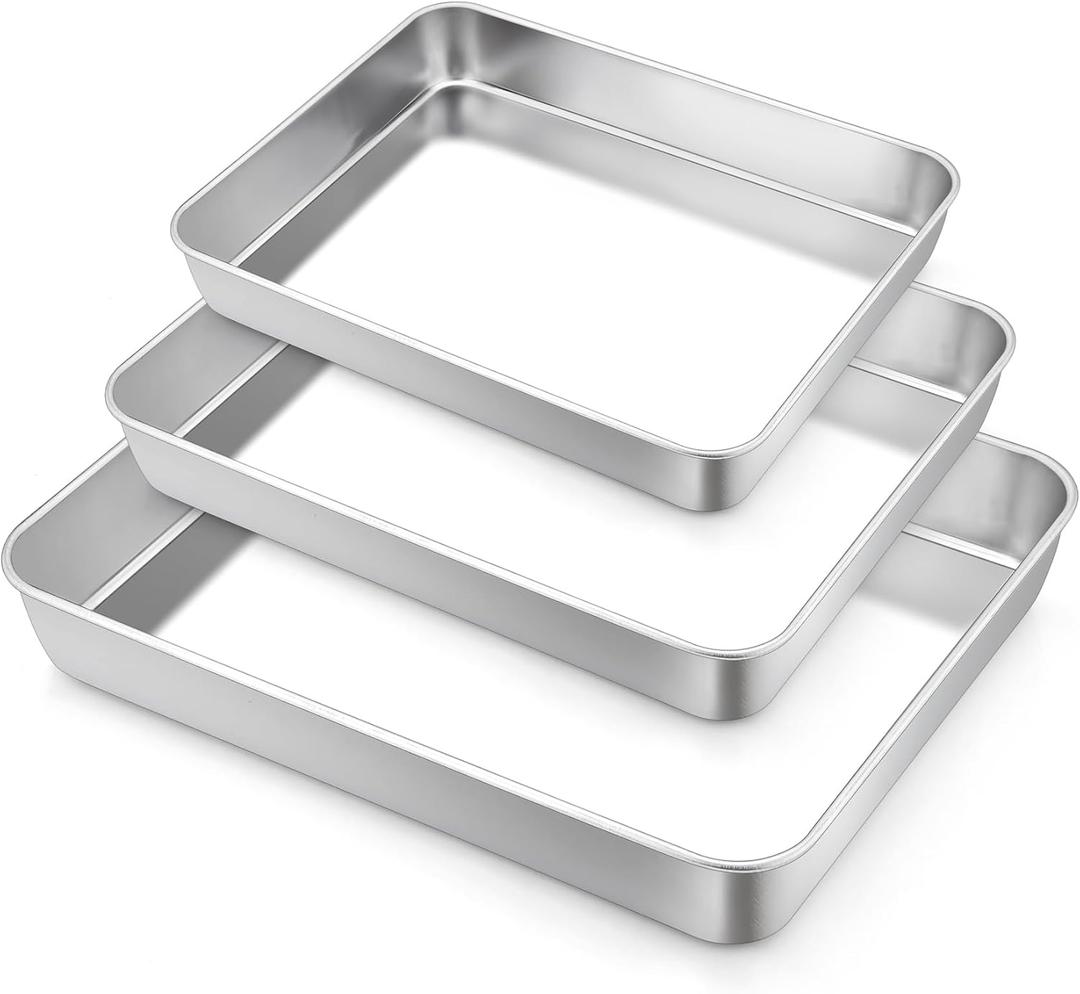 TeamFar Baking Pans Set of 3, Stainless Steel Deep Cookie Cake Pan for Home Baking, 12.5/10.5/9.4 Inch Rectangle Bakeware Set for Bread/Brownie/Casserole/Lasagna, Healthy & Sturdy, Dishwasher Safe