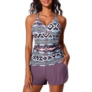 Summer Mae Modest Tankini Swimsuits for Women 2026 Two Piece Bathing Suits with Sporty Pockets Boy Shorts for Tummy Control (12, Bohemia)