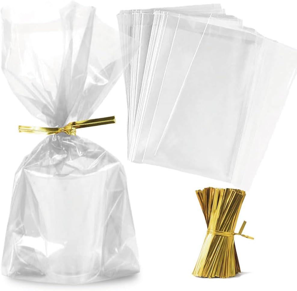 Zcintert Clear Cello Cellophane Treat Bags, 100 Pcs - 7.9" x 11" (2mils), Plastic Gift Bags for Candy, Party Favor, Cookies, Candies Packaging, with 4 Twist Ties