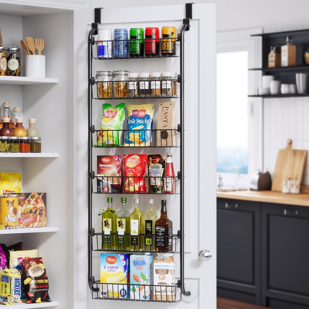 Delamu Over the Door Pantry Organizer, 6Tier Metal Pantry Door Organization and Storage, Hanging Kitchen Basket Spice Rack Seasoning Shelves, Cabinet Door Organizer for Easy Install,D5xW18xH50inch