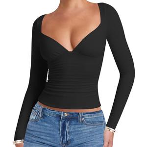 eoeoo Women's Sexy Deep V Neck Long Sleeve Double Lined Ruched Tops Slim Fitted Going Out Tshirts (Black), Small