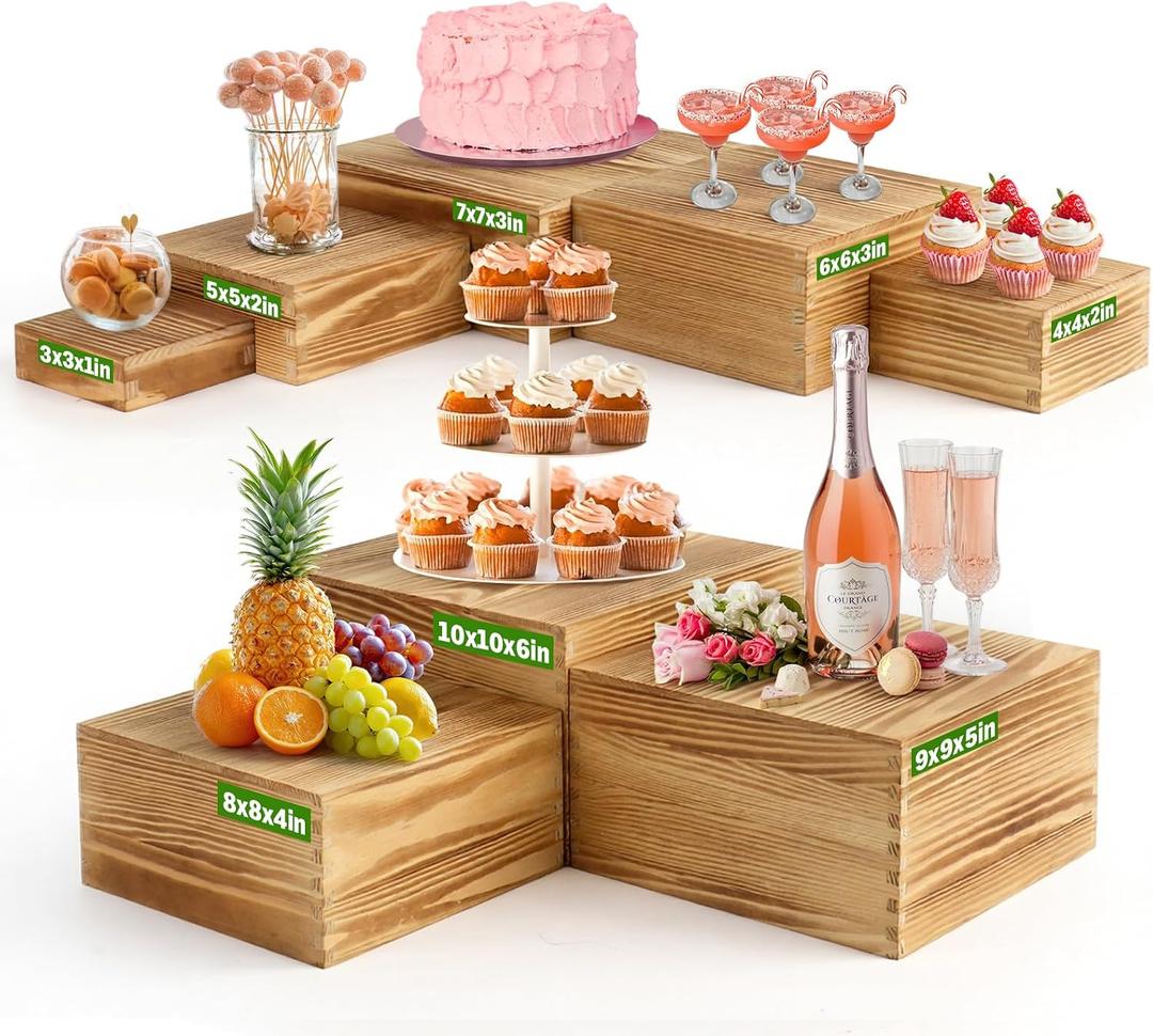 8-Pack Pine Wood Buffet Risers, Multi-Size Nesting Cube Food Display Stands for Buffet Table & Catering, Hollow Bottoms Food Risers for Multi-Level Buffet Presentation