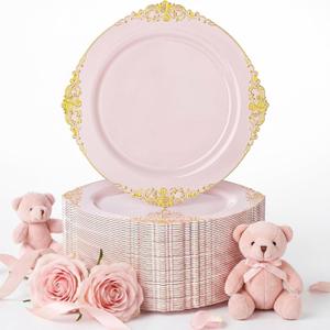 Nervure 100PCS Pink and Gold Plastic Plates - 10.25Inch Pink Disposable Plates - Plastic Dinner Plate for Weddings & Parties & Mothers Day