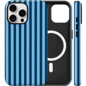 Magnetic for iPhone 15 Pro Case Cute Stripes Phone Case, Shockproof Slim TPU and Hard PC Protective Phone Cover Compatible with MagSafe Designed for Women Girls, Lake Blue