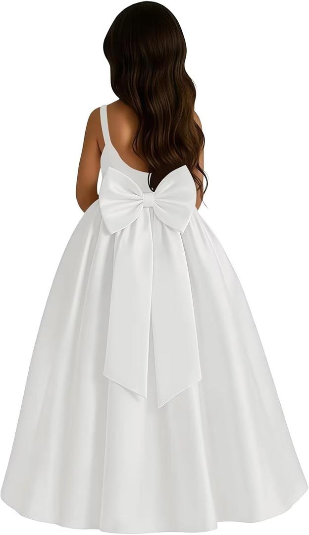 Satin Flower Girl Dress with Big Bow Elegant Sleeveless A-Line Ball Gowns Formal Communion Wedding Party Dresses (6, White)