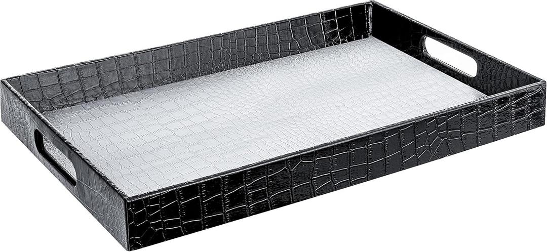 17.5"x12" Silver & Black Glossy Crocodile Faux Leather Serving Tray Beautiful Modern Elegant Decorative Tray with Handles Ottoman Coffee Table Tv Remote Storage for All Occasion's