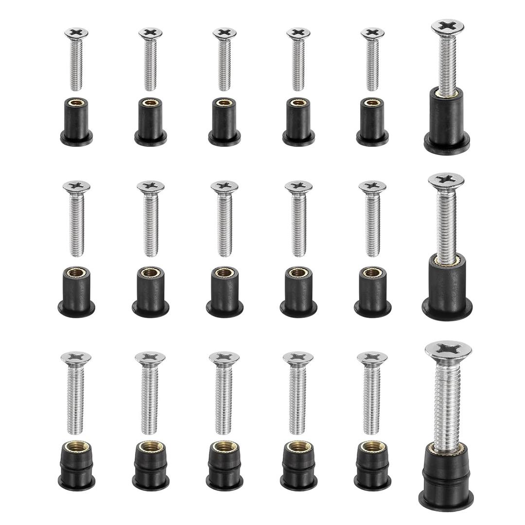 uxcell 18 Pairs M4 M5 M6 Neoprene Well Nuts with Stainless Steel Screw, Rubber Well Nuts Kit Brass Copper Bolt, Universal Motorcycle Fasteners for Kayak Boat Windscreen