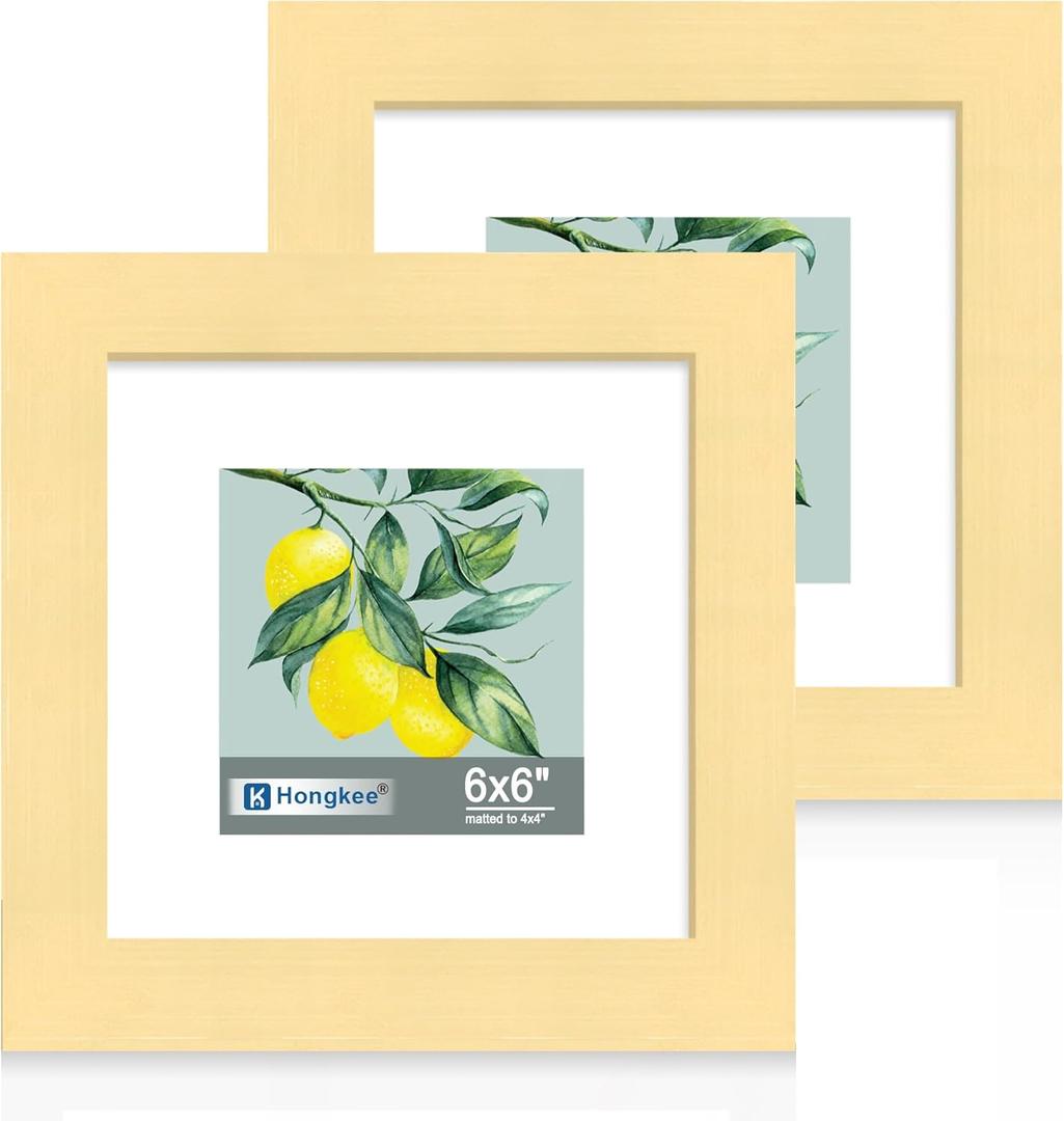 Hongkee 6x6 Picture Frame Set of 2, Made of Real Glass and Gold Wooden Frame - Display Square 4x4 with Mat or 6x6 Without Mat, 6 by 6 Photo for Wall or Tabletop