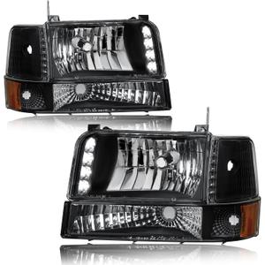 Pair Headlights for 1992-1996 Ford F150 F250 F350 Bronco Replacements w/LED Running Light Bar Amber Reflector Black Housing