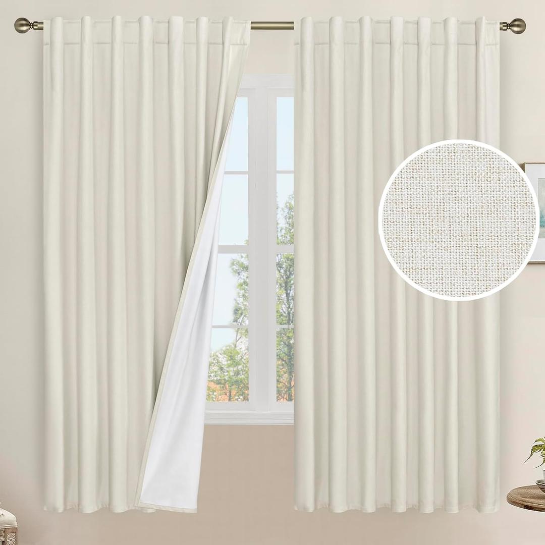 LAMIT Natural 100% Blackout Linen Curtains, 63 Inches Linen Textured Thermal Bedroom Curtains Back Tab and Rod Pocket Neutral Panels with White Liner for Farmhouse, 2 Panels, 60 x 63 Inch, Ivory