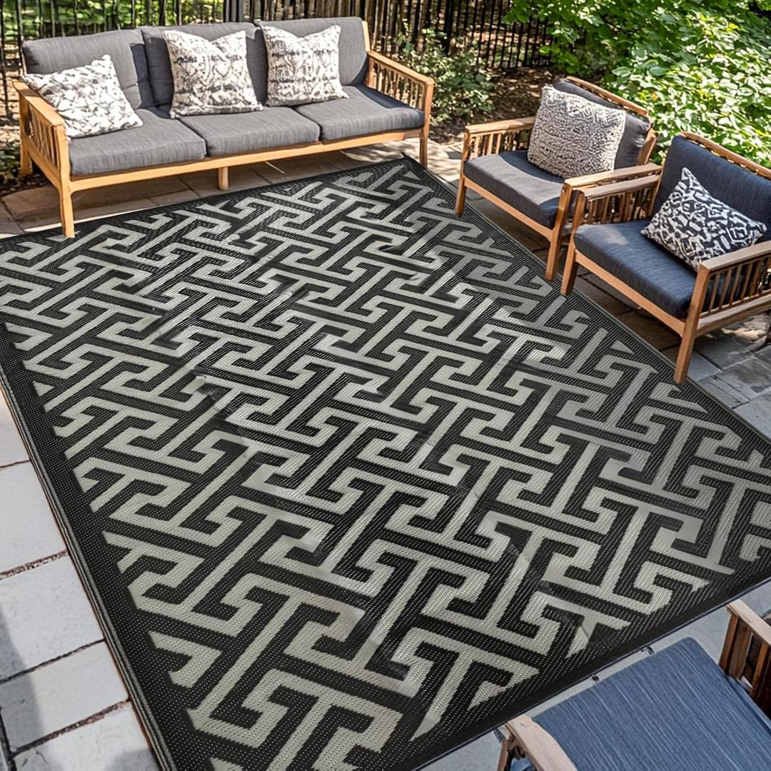 Waterproof Outdoor Rug 9x12 ft, Reversible Plastic Straw Rug, Easy to Clean Patio Rug, Portable Carpet for Patio, RV, Deck, Balcony, Backyard, Picnic, Beach, I-Shaped, Black