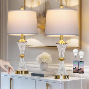 Rinweey Crystal Glass Table Lamp Set of 2 with USB C+A Ports & AC Outlet, White Lamp, Modern Bedroom Lamps, Gold Lamp for Night Stands Bedroom Living Room,Nightstand Lamp LED Bulbs Included