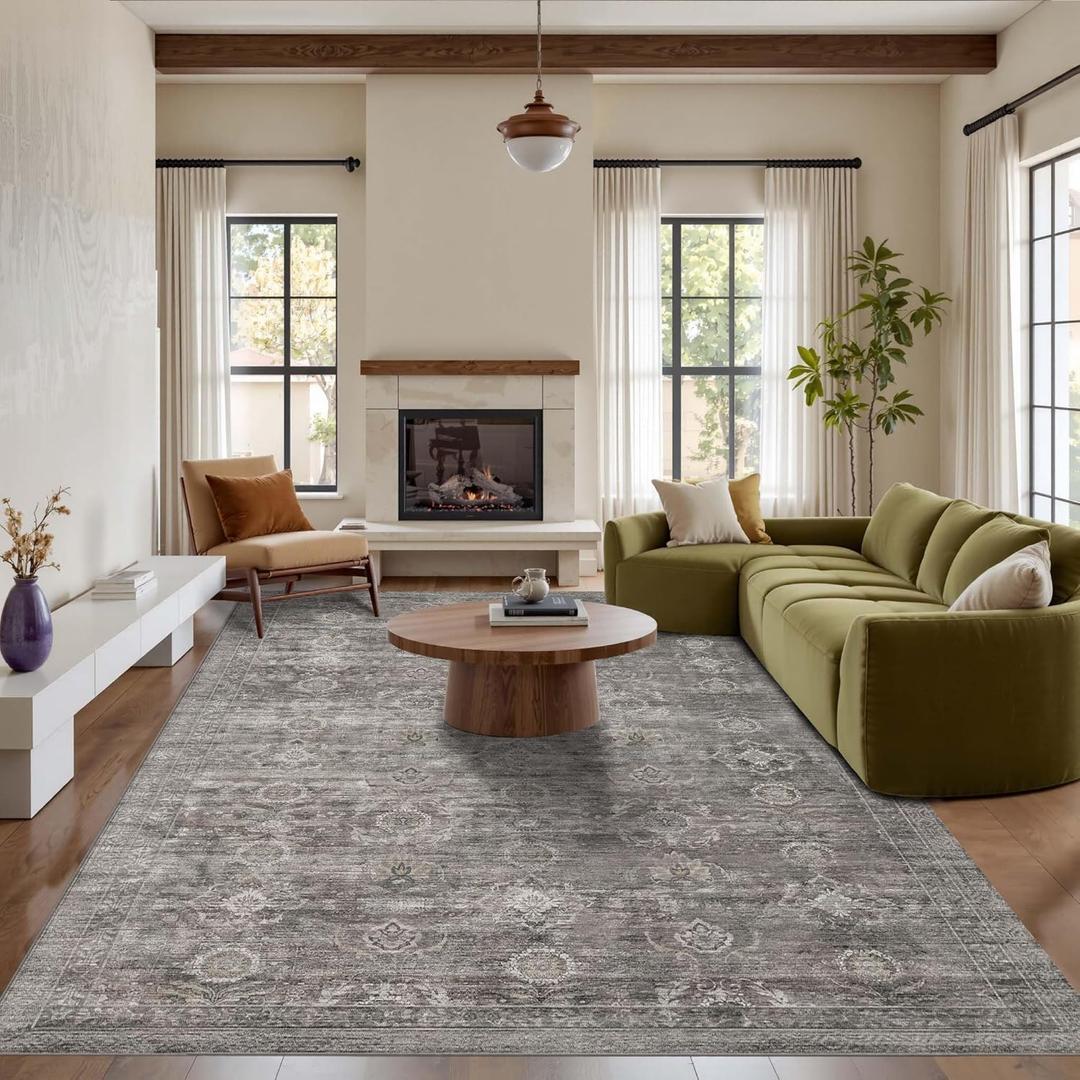 Rugxara 6x9 Area Rugs for Living Room Bedroom, Large Washable Rug, Grey Vintage Retro Boho Rug, Non Slip & Low Pile Faux Wool Thin Carpet for Indoor Dining Room and Kids Room(Taupe/Grey 6x9ft)