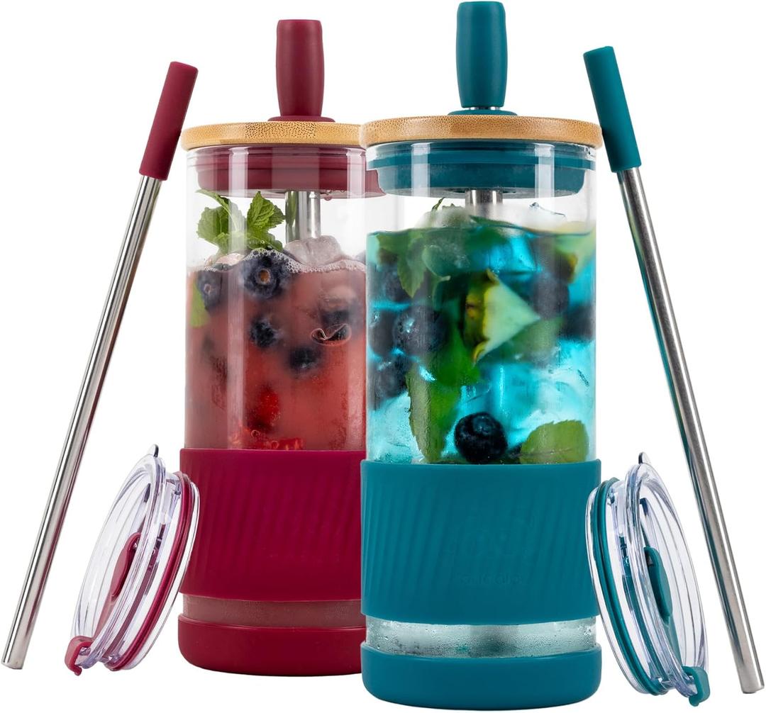 Pandaloo Glass Cups With Lids and Straws -20 Fl Oz- Perfect Size Iced Coffee Cup - Smoothie Cup With Bamboo Lid and On the go Lid - Glass Tumbler (2 Count (Pack of 1), Boysenberry-Intense Teal)