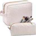 Sanwuta 2 Pcs Makeup Bag Set Seersucker Cosmetic Bag for Women Gifts Mother Girls Cute Stripe Trendy Cosmetic Bags Travel Toiletry Organizer Aesthetic Preppy Storage Pouch for Bridesmaid(Brown)