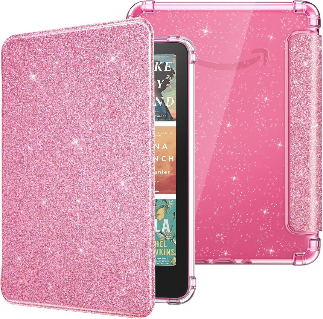 MoKo Case for All-New 7" Kindle Paperwhite 12th Gen 2024 & Kindle Colorsoft 2024/2025,Glitter Clear Kindle Case, Flexible Clear Soft TPU Back Cover Light Shell with Auto Wake/Sleep, Glitter Pink