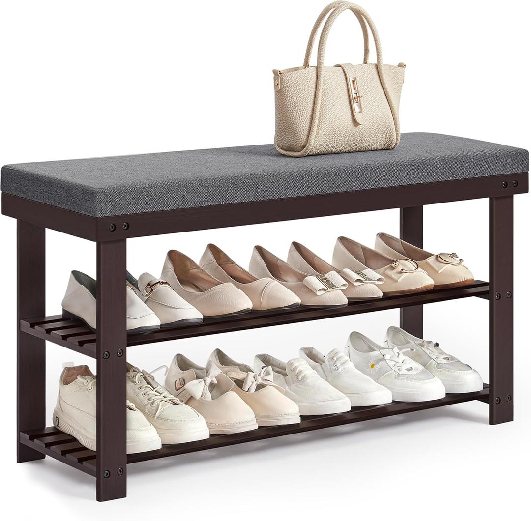 SONGMICS Bamboo Shoe Bench, 3-Tier Shoe Rack Organizer for Entryway, Living Room, Bench Seat Holds Up to 300 lb, 11.9 x 35.4 x 19.2 Inches, Rustic Walnut and Slate Gray ULBS904B32