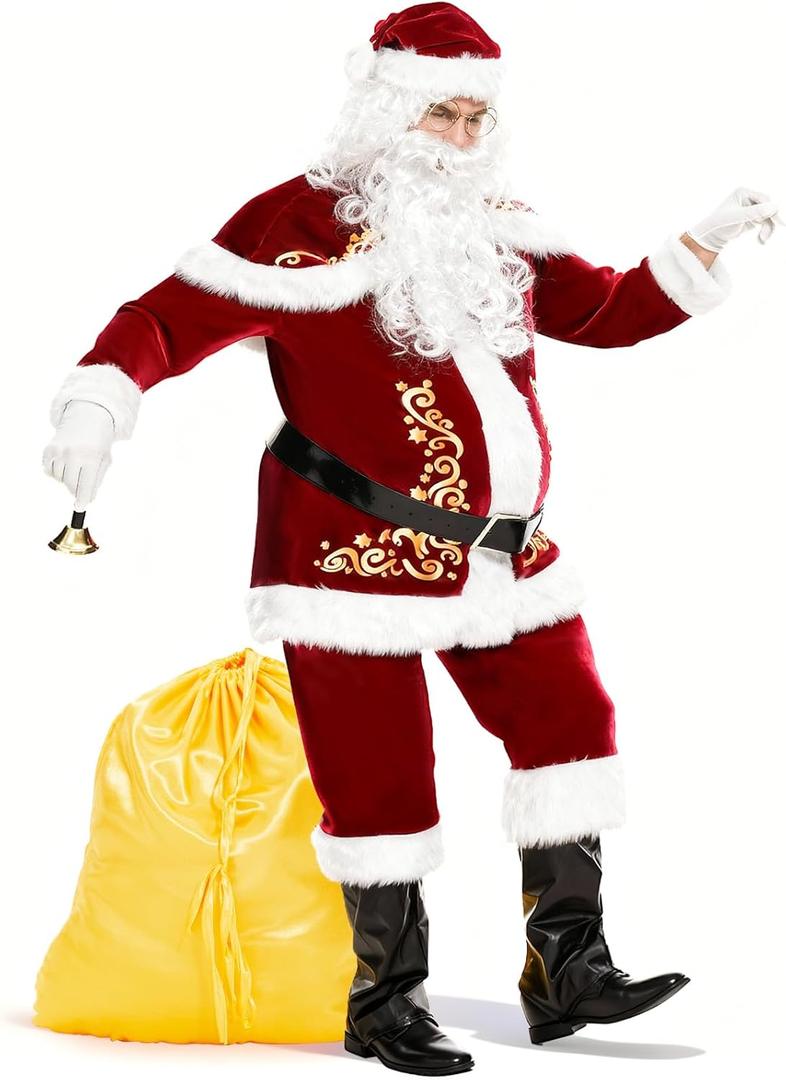 JONRRYIN Santa Claus Costume for Men, 15Pcs Deluxe Santa Claus Outfit Adults Men Set Professional Christmas Clause Suit Adult (XXXL)