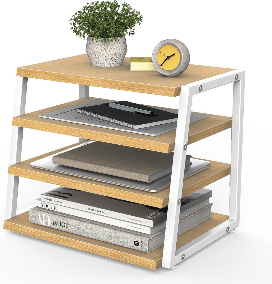 Fenge Desk Shelf Organizer, 4-Tier Tower Desktop Office Shelves, Oak | Wood and Metal Open Shelf, Corner File Organizer for Office Supplies, Top of Desk Organizers and Accessories
