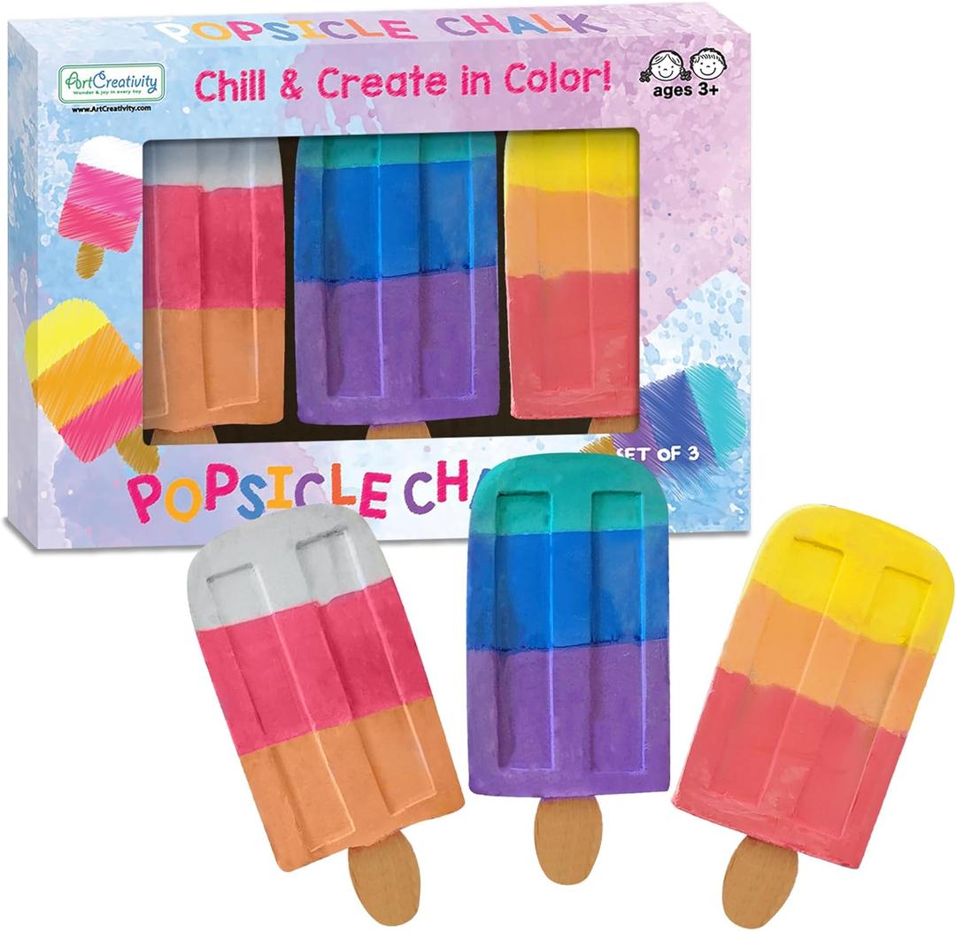 ArtCreativity Popsicle Chalk - Set of 3 - Popsicle Shaped Sidewalk Chalks - Washable Chalk for Kids Outdoor Painting Activities - Non-Toxic Colorful Chalkboard Chalk - Classroom Prize Art Supply Set