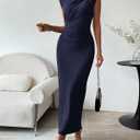 BTFBM Women Ruched Bodycon Maxi Dresses Summer Casual Sleeveless Lightweight Slit Elegant Cocktail Wedding Guest Dress (Blue, S)
