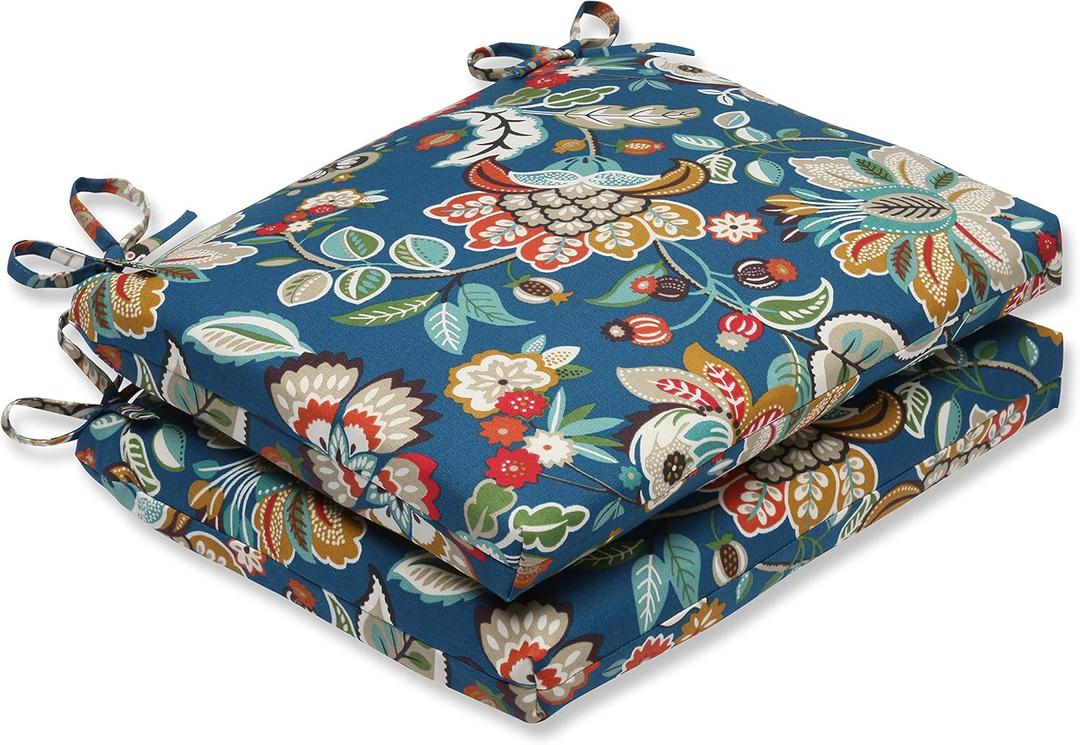 Pillow Perfect Floral Indoor/Outdoor Chair Seat Cushion with Ties Squared Corner, Plush Fiber Fill, Weather, and Fade Resistant, 16" x 18.5", Blue/Tan Telfair Peacock 2 Count